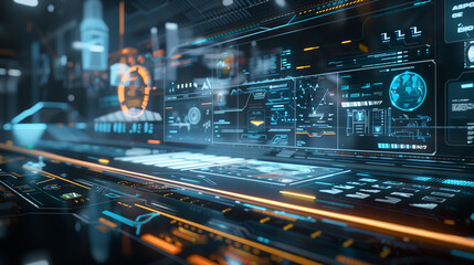 Poster - futuristic digital technology data management system augmented reality interface with floating holog