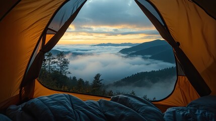 Wall Mural -  tent to see the sea of fog with the sunrise 