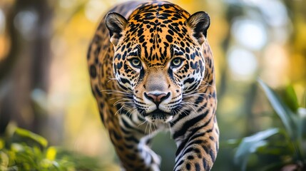 Roar tiger leopard jaguar animal wildlife hunting / beautiful jaguar walking in jungle looking food stalking follow its prey in the forest national park 