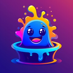 Wall Mural - A joyful blue slime character bursting with colorful paint splashes.