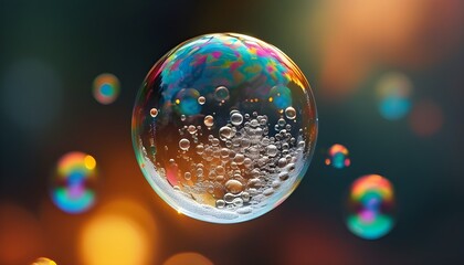 The clear soap bubble reflects a colorful background and is filled with bubbles inside.