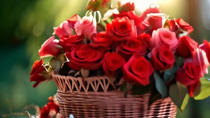 Canvas Print - Beautiful red and pink roses arranged in a wicker basket under sunlight in a garden