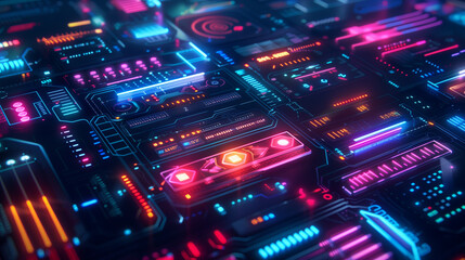 Poster - technology background with neon-colored technological elements like glowing wires, data streams, and futuristic symbols, futuristic tech wallpaper 