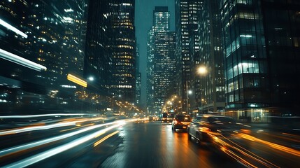 A nighttime cityscape with skyscrapers and blurred lights from passing cars