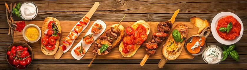 Wall Mural - Italian Food Platter with Bruschetta, Skewers, and Dips