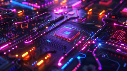 Poster - technology background with neon-colored technological elements like glowing wires, data streams, and
