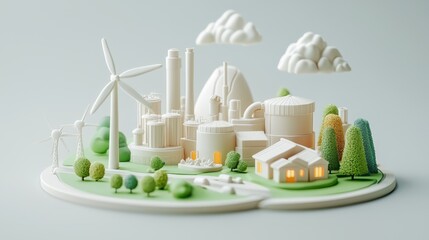 Sustainable Energy: Green Production Facility with Clay Models in Industrial Zone, Generative Ai