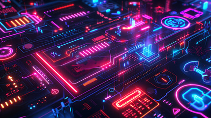 Poster - technology background with neon-colored technological elements like glowing wires, data streams, and futuristic symbols, futuristic tech wallpaper 