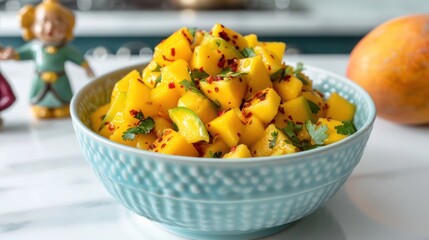 Mid-angle shot of a vibrant mango salsa in a light blue bowl, garnished with red chili flakes, on a white marble countertop with a small figurine decor.