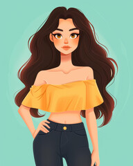 A vibrant D cartoon NFT art piece featuring a Brazilian girl in stylish casual attire, exuding youthful energy.