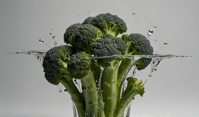 Wall Mural - A green broccoli in a fresh splash of water isolated on a transparent white background