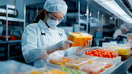 A food worker inspects packaged produce in a commercial kitchen, ensuring quality and safety for meal preparation.