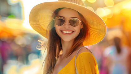 Wall Mural - A beautiful woman wearing sunglasses and a hat smiles while walking down the street, with sunlight shining through her hair.