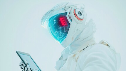 Poster - Futuristic Robot with Blue Face and Red Eyes in White Suit Holding Tablet, Embodying Advanced Technology and Artificial Intelligence in an Open Environment