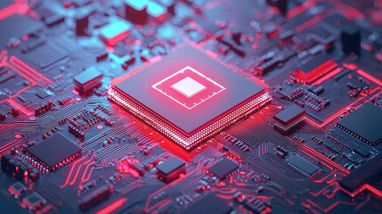 Poster - Advanced microchip design, showcasing intricate circuitry and components, set against a minimalistic backdrop, emphasizing innovation and technology in artificial intelligence.