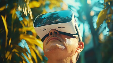 Poster - Virtual Reality Exploration, a man immersed in a digital world, surrounded by open space, fully engaged in an interactive experience, showcasing the thrill of technology.