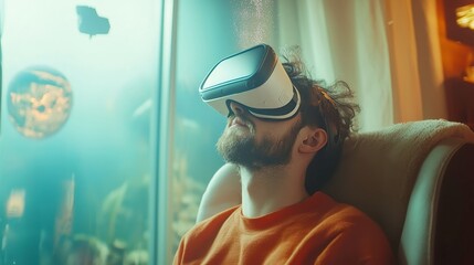 Poster - Virtual Reality Exploration, a man immersed in an expansive digital landscape, wearing a headset, surrounded by a sense of wonder and adventure, engaging with immersive technology.