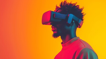 Poster - Man immersed in virtual reality, surrounded by open space, engaging with interactive digital landscapes, exploring new dimensions of experience and imagination.