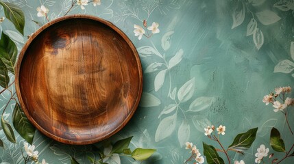 Wall Mural - Empty Wooden Plate on Floral Green Background