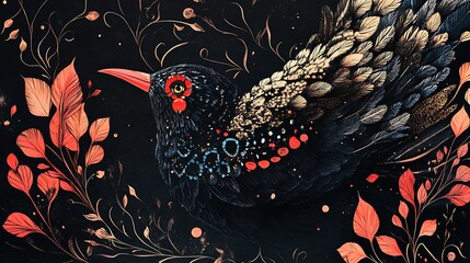 Wall Mural - Abstract of black bird and flowers.