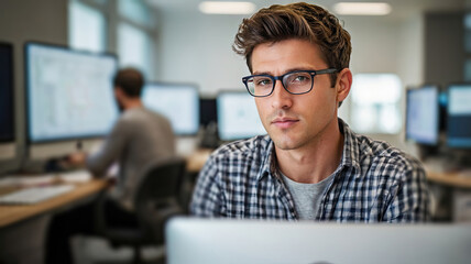 A young man with eyeglasses working on computer in office