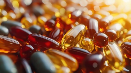 Close-up of assorted vitamin capsules and supplements with sunlight, showcasing various colors and shapes for health and wellness.