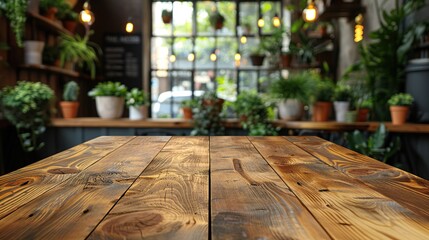 Wall Mural - Rustic Wooden Tabletop with Blurred Background of Cafe Interior