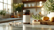 © sk.crafted - Glass bottle of supplements with blank label on kitchen counter among vegetables and herbs, under natural light, inviting and fresh.