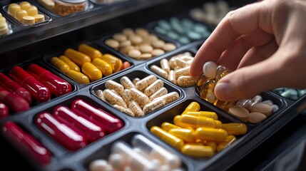 Hand selecting a pill from a variety of colorful medication capsules organized in trays, emphasizing healthcare and pharmaceutical choices.