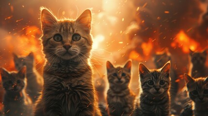 a group of adorable kittens stand amidst a fiery inferno, their eyes wide with wonder and determinat