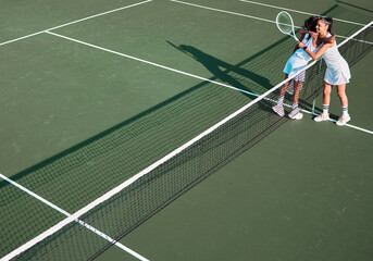 Wall Mural - Court, tennis and women with hug for sports, competition and game challenge with thank you. Outdoor, athletes or people with celebration after match, wellness training and well done for tournament