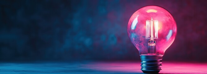 Poster - A Single Light Bulb with a Pink Glow in a Dark Room