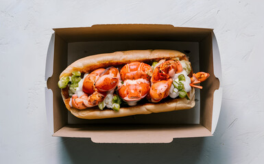 Wall Mural - A lobster roll in a delivery box against on white background