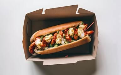 Canvas Print - A lobster roll in a delivery box against on white background