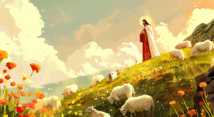 Wall Mural - Illustration of Jesus in red and white robes, surrounded by sheep grazing on the hillside with flowers blooming around them