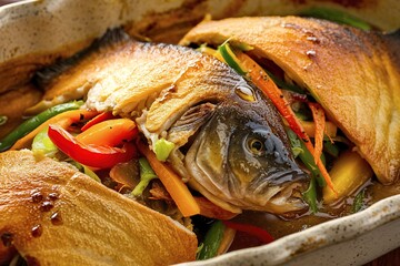 baked fish with vegetables close-up in a baking dish