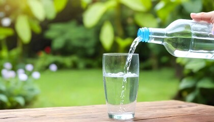 Pouring drink water from bottle into glass