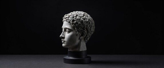 Elegant sculpture of a woman’s bust set against a stark black background