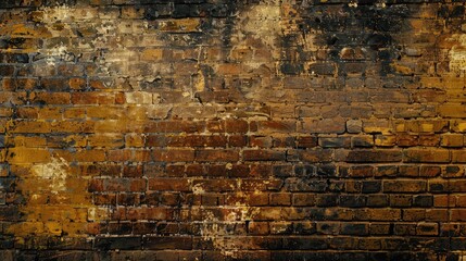 Wall Mural - Aged, harsh brick wall with yellow, brown, and black hues for design backdrop.