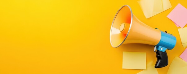 Bright megaphone on a yellow background with sticky notes, ideal for communication and marketing concepts.