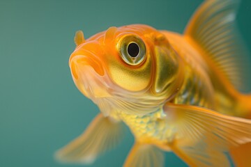 Close-up of a goldfish's eye and head, with a teal background.