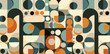© sulemi - Abstract geometric pattern with a retro mid-century modern design The image features overlapping circles squares and semicircles in a variety of colors The colors are earthy and muted creating a sophi