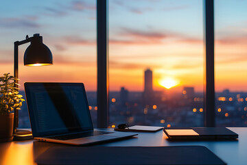Poster - laptop is open on a desk in front of a window with a city skyline in the background. The sun is setting, casting a warm glow over the scene. The laptop is open to a document