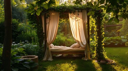 Wall Mural - A canopy bed in a verdant garden with curtains that billow in the breeze gives a magical