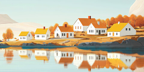 Wall Mural - illustration of small white and orange houses with yellow roofs on the shore, a lake in front of them with reflections in the water, generative AI