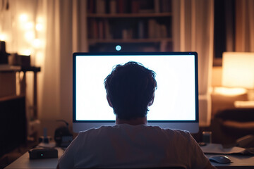 Aufkleber - man is sitting in front of a computer monitor with a blank screen. The room is dimly lit, and there are several books scattered around the area. The man is focused on his work