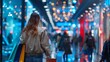 © LuvTK - A detailed image of a woman walking through a city at night, enjoying her shopping spree, holding several colorful shopping bags. The city is vibrant with neon lights, busy streets,