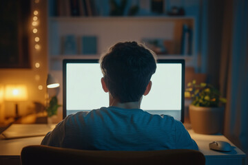 Aufkleber - man is sitting in front of a computer monitor with a blank screen. The room is dimly lit, and there are several books scattered around the area. The man is focused on his work