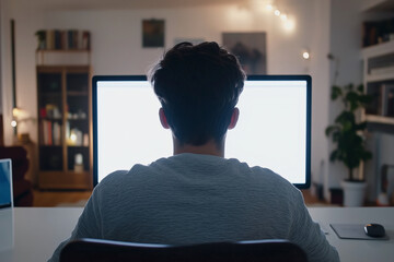 Poster - man is sitting in front of a computer monitor with a blank screen. The room is dimly lit, and there are several books scattered around the area. The man is focused on his work