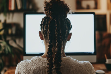 Poster - woman with long hair is sitting in front of a computer monitor. She is wearing a white shirt and has her hair in a bun. The room has a few potted plants and a book on a shelf